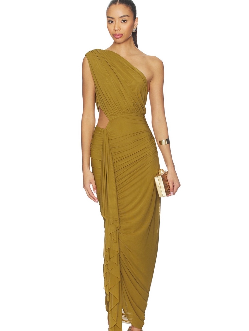 superdown One-Shoulder Ruched Cutout Maxi Dress in Olive